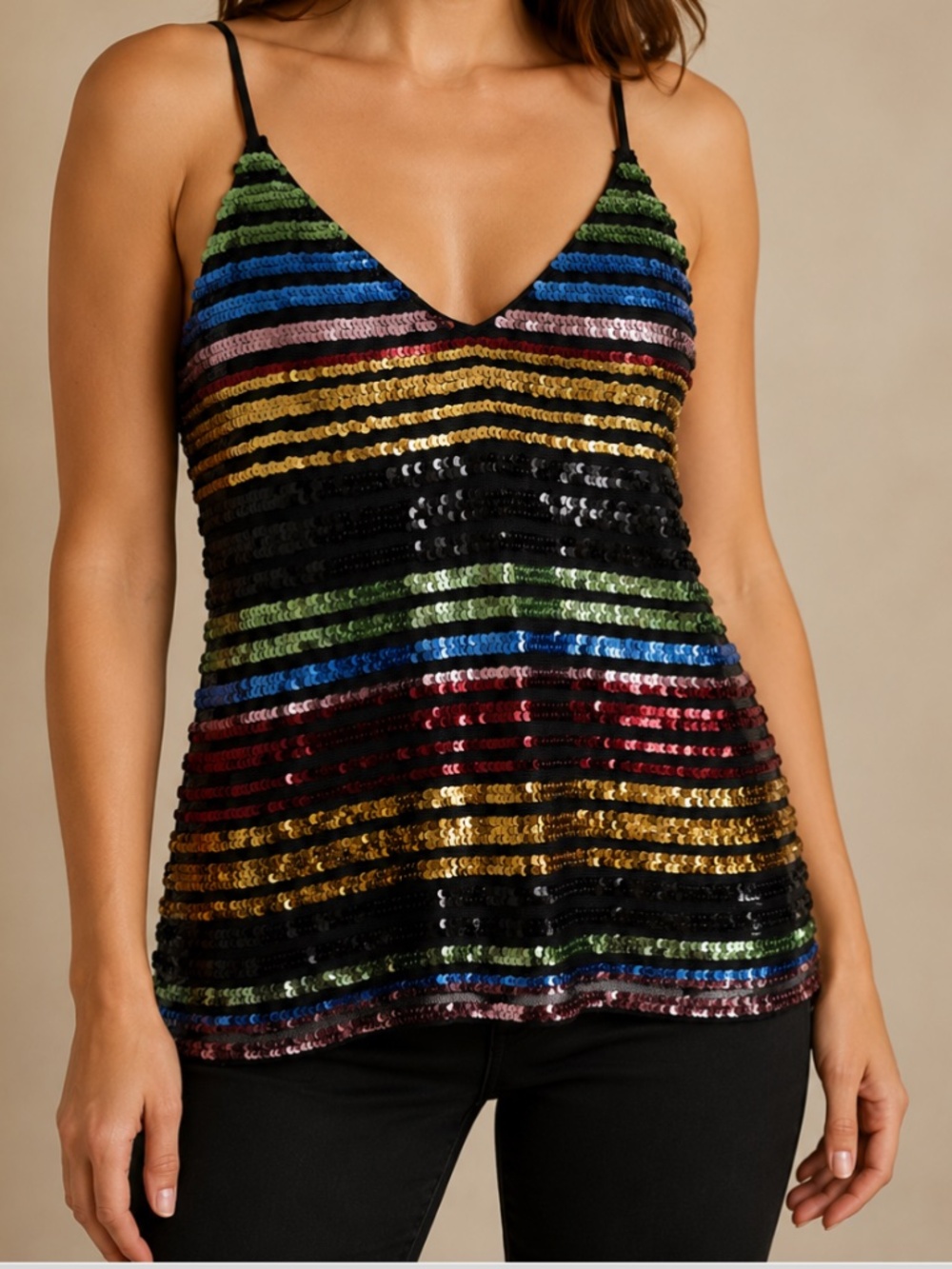 Express XS Multicolor Sequin Striped V-Neck Tank Top